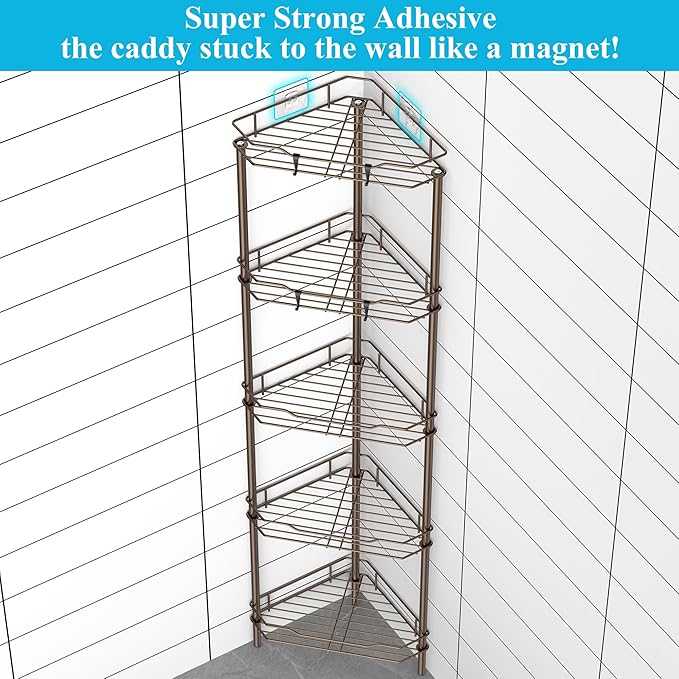 HuggieGems 5 Tier Floor Standing Corner Shower Caddy Organizer Shelf with Hooks, Bathroom Shelves Stand Rack, Bronze