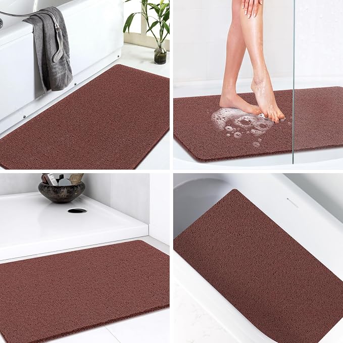 LuxStep Shower Mat Bathtub Mat,40x24 inch, Non-Slip Bath Mat with Drain, Quick Drying PVC Loofah Bathmat for Tub,Shower,Bathroom,Reddish Brown
