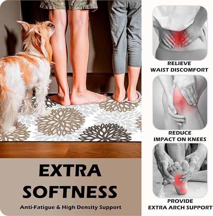 Cushioned Anti-Fatigue Kitchen Mats for Floor – Non-Slip Waterproof Memory Foam Runner, Extra Wide & Long, Comfortable Standing Mat for Kitchen, Sink, Office, Laundry, Brown Gray