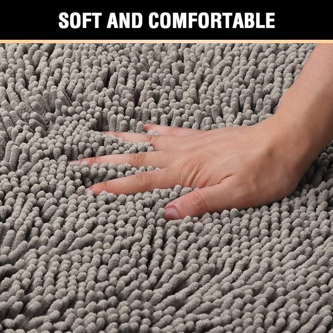 H.VERSAILTEX Chenille Bath Rug Non-Slip Bathroom Rug Shag Shower Mat Machine-Washable Bath Mat with Water Absorbent Soft Microfibers, 20" W x 32" L, Dark Grey