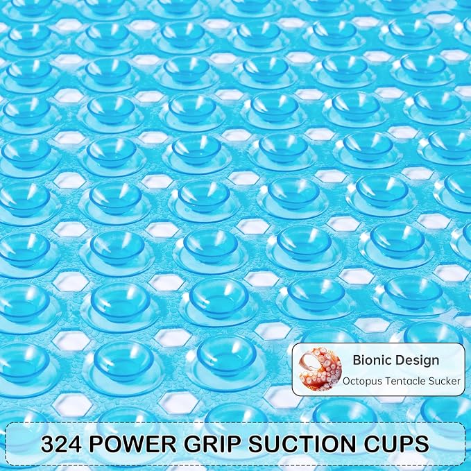 Non-Slip Bathtub and Shower Mats, Power Grip Bath Mat 35 x 16.3 Inch with Suction Cups and Drain Holes for Tub Bathroom Floor Safety, Machine Washable Soft Bathmat, Clear Blue