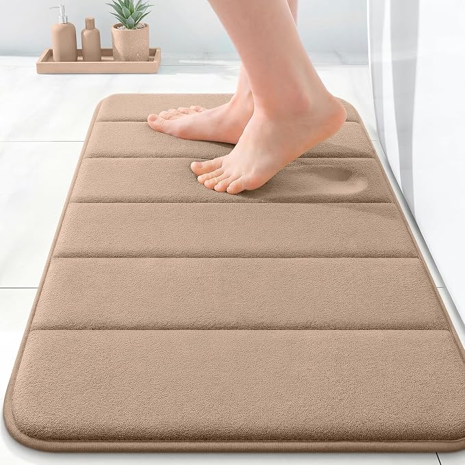 OLANLY Memory Foam Bath Mat 24x16, Super Soft Absorbent Bathroom Rugs, Quick Dry, Machine Washable Shower Floor Rugs, Bathmat Carpet, Bathroom Home Decor Accessories, Tan