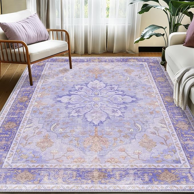 RELEANY Area Rugs 5'x7' Washable Non-Slip, Floral Vintage Distress Medallion Carpet for Living Room Bedroom Dining Room, Light Purple Brown