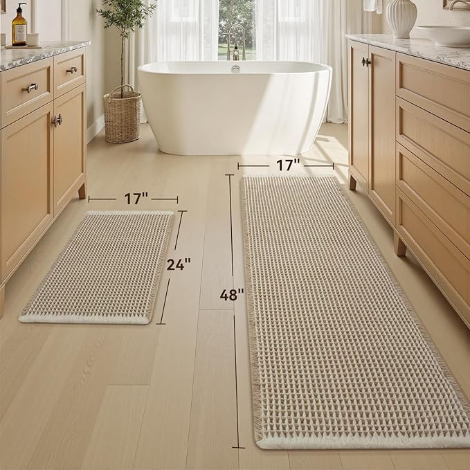 Upgraded Waffle Bath Mat Set of 2 Super Absorbent Non Slip Bath Mats for Bathroom, Washable Boho Bathroom Rugs Set 2 Pieces with Tassels, Soft Bathroom Mat Set, Brown & Cream, 17" x 24" Plus 17" x 48"