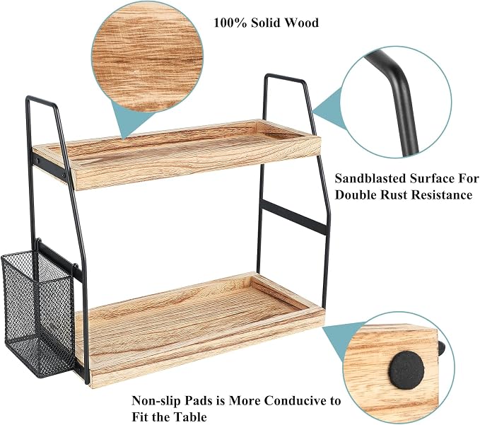Bathroom Counter Organizer, 2-Tier Standing Storage Shelf with Basket, Wood Tray for Skincare Vanity Organizer