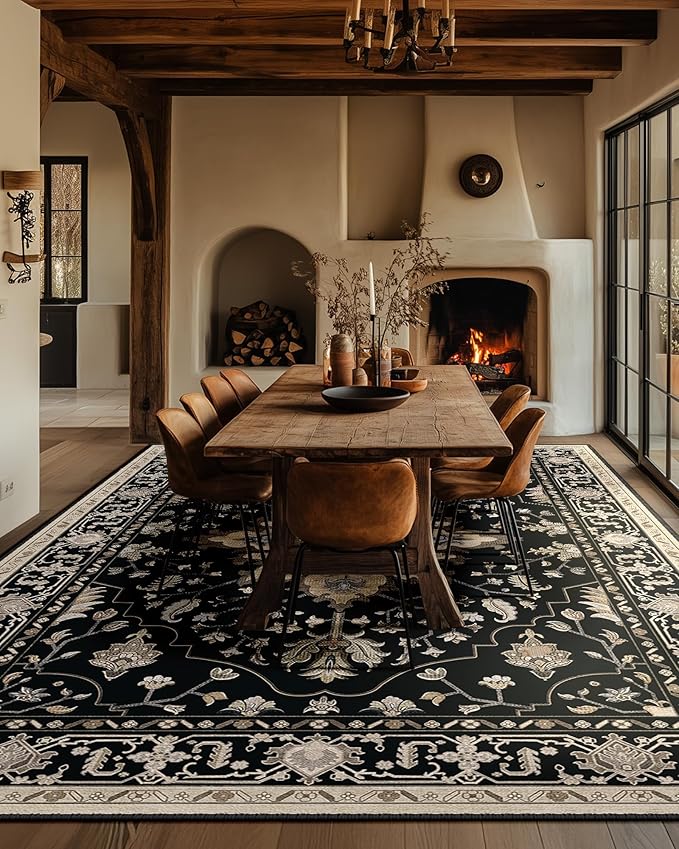 RELEANY Area Rugs 6'x9' Washable Non-Slip, Floral Vintage Distress Medallion Carpet for Living Room Bedroom Dining Room, Black Brown Neutral Dark Tan