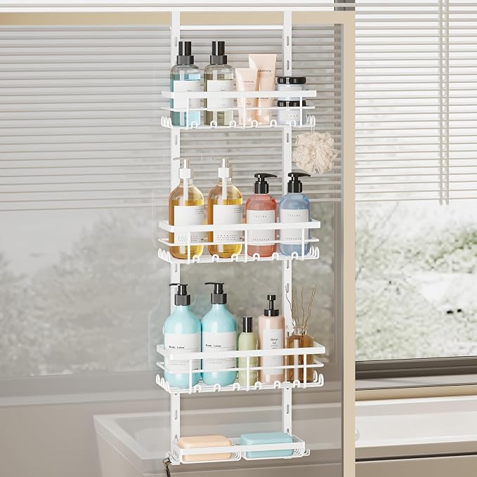 SWTYMIKI Over The Door Shower Caddy - 4 Tier Rustproof Hanging Shower Organizer with Adjustable Shelves, 40 Hooks & Soap Holder, Hanging Shower Rack Storage for Bathroom Accessories, White