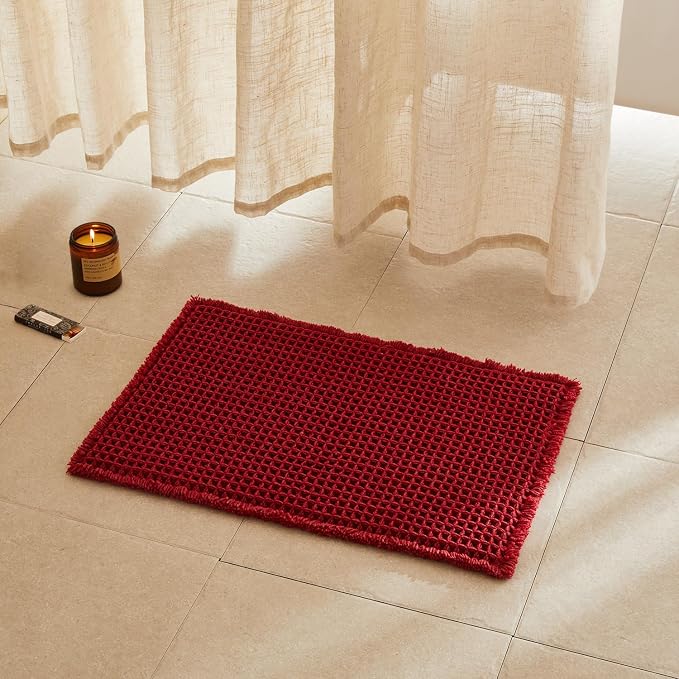 TYUU Waffle Bath Mat, Boho Bathroom Rugs Non Slip Washable Super Absorbent Quick Dry Bath Mat Farmhouse Bathroom Decor, 24"x16" Burgundy