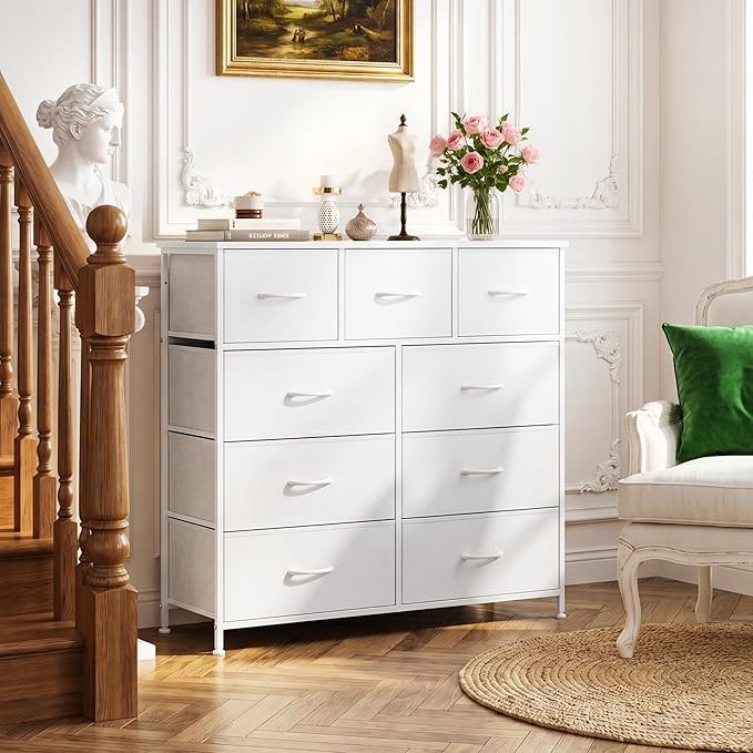 9-Drawer Dresser for Bedroom, Anti-Tip Tall Storage Organizer Chest of Drawers with Wooden Top and Metal Frame Fabric Bins for Closet, Living Room, Hallway, Entryway, Ivory White