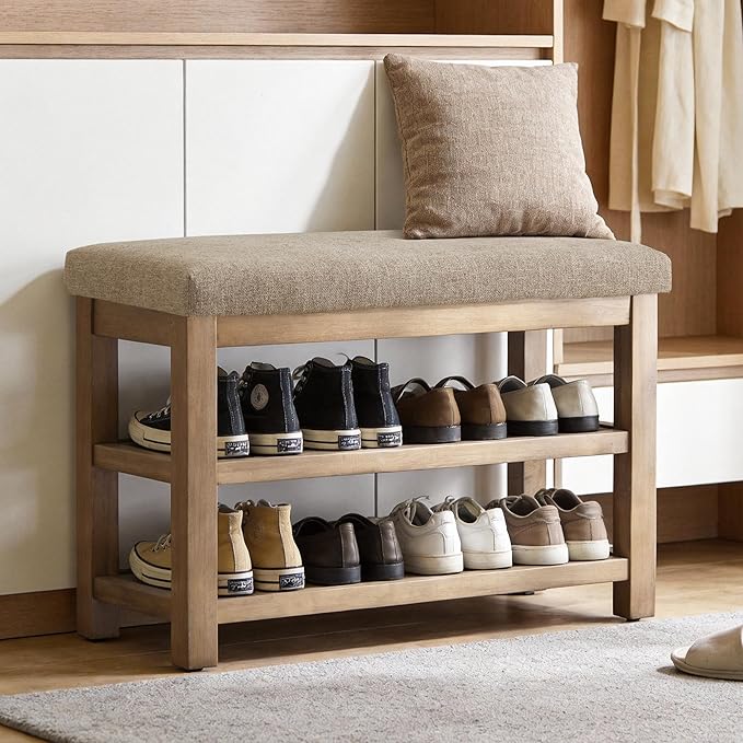 Zihanhome 2 Tier Shoe Rack Bench with Cushion, Solid Wood Shoe Benches, Mid-Century Modern Shoe Storage Bench for Entryway, Hallway, Living Room, Closet, Front Door Entrance, (Brown, 31.5")