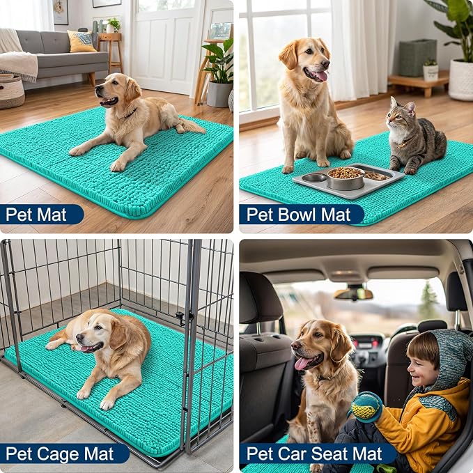 Smiry Dog Door Mat for Muddy Paws 36x24, Absorbent Dirt Trapper, Non-Slip Washable Chenille Entryway Rug for Inside Floor, Teal, Classic Solid