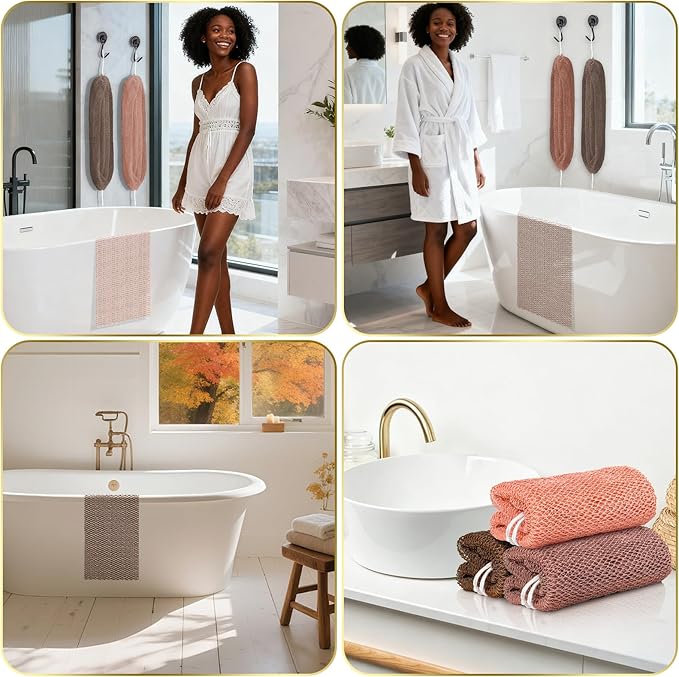 UJFQBH African Net Sponge Authentic, Exfoliating Body Scrubber for Back and Hard to Reach Areas, Gentle Daily Exfoliation for Deep Cleansing, Quick Drying Shower Essential, Rosewood 3 Pack