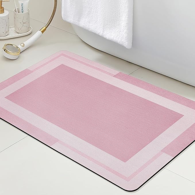 ACCUMTEK Non Slip Bath Mat, Thin Bathroom Rugs Fit Under Door, Quick Dry Bath Mats, Machine Washable Bath Rugs for Bathroom, Bathtub & Kitchen, Bathtub & Kitchen, Pink/Bordered/32 x20
