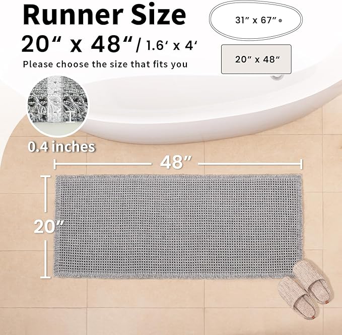 Waffle Bath Mat - Boho Bathroom Rugs Non Slip Washable, Super Absorbent & Quick Dry, Soft Bath Mat Farmhouse Bathroom Decor, 20'' x 48'', Light Grey