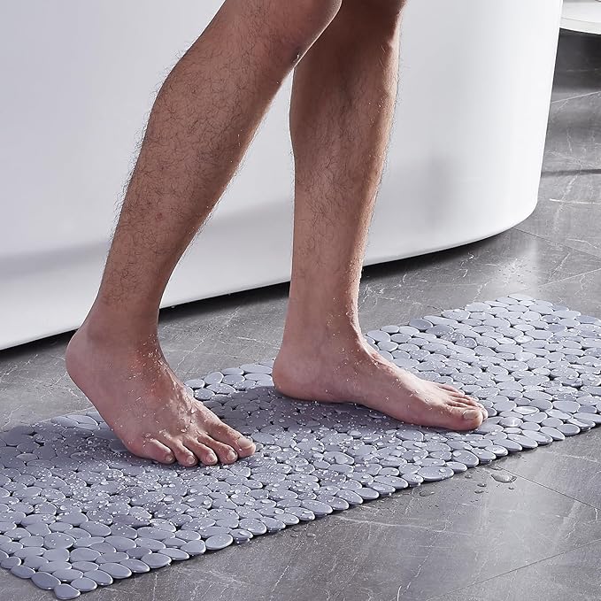 Webos Bath Shower Mat Non Slip: Extra Large Pebble Bathtub mat for Families, Anti Slip Shower Matt with Drain Holes Suction Cups Tub Mat - 16 X 40 Inch Grey