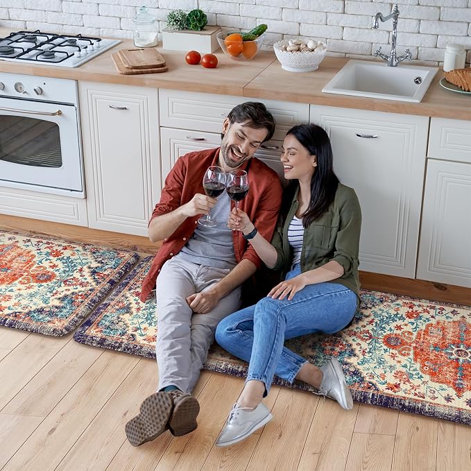 KIMODE Anti Fatigue Kitchen Mat, Boho Vintage Kitchen Rugs Sets of 2, Cushioned Non-Slip Kitchen Mats for Floor, Comfort Kitchen Floor Mats for Sink, Laundry, Desk Orange/Purple,17"x47"+17"x29"