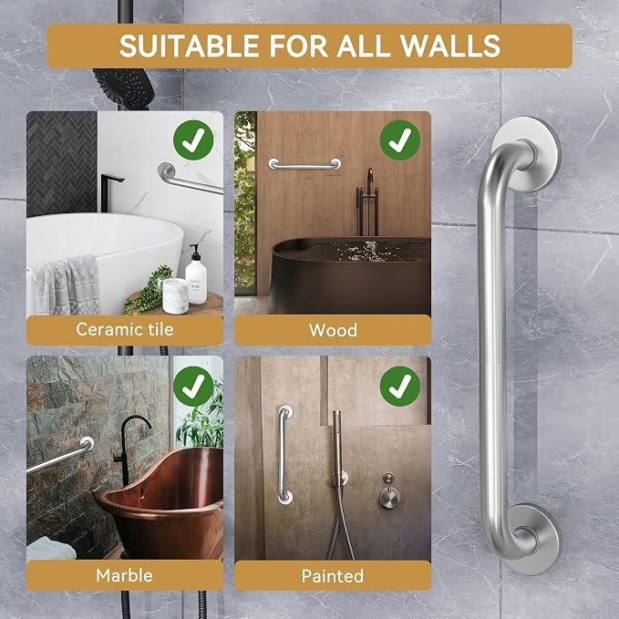 AmazerBath Shower Grab Bars for Seniors Anti Slip, Bath Safety Grab Bar for Needy, Stainless Steel Bathroom Safety Grab Bars, Thickened Bar Bigger Base Holds 500LBS, 16" L x 1" D, Brushed Nickel