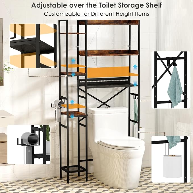 Over The Toilet Storage Shelf with Drawers, 7 Tier Above Toilet Bathroom Organizer Rack with Adjustable Shelves, Space Saver Stand Behind Toilet with Paper Holder & Hooks for Laundry, Brown