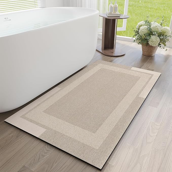 YDKGL Non Slip Long Bath Mat Bathroom Runner, Rubber Backing Ultra Thin Bathroom Rugs Fit Under Door Quick Dry Super Absorbent Washable Bath Rug Shower Mat for Bathtub Sink Floor, Beige 24"x48"