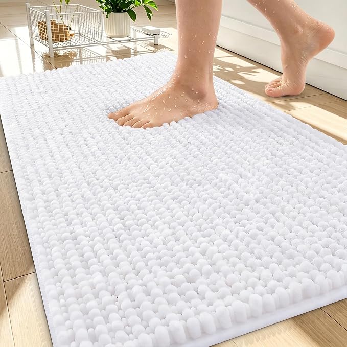 OLANLY Thick Bathroom Rugs 30x20, Extra Soft Absorbent Chenille Bath Rugs, Rubber Backing, Machine Wash Dry, Bath Mats for Bathroom Floor, Tub and Shower, Home Decor Accessories, White