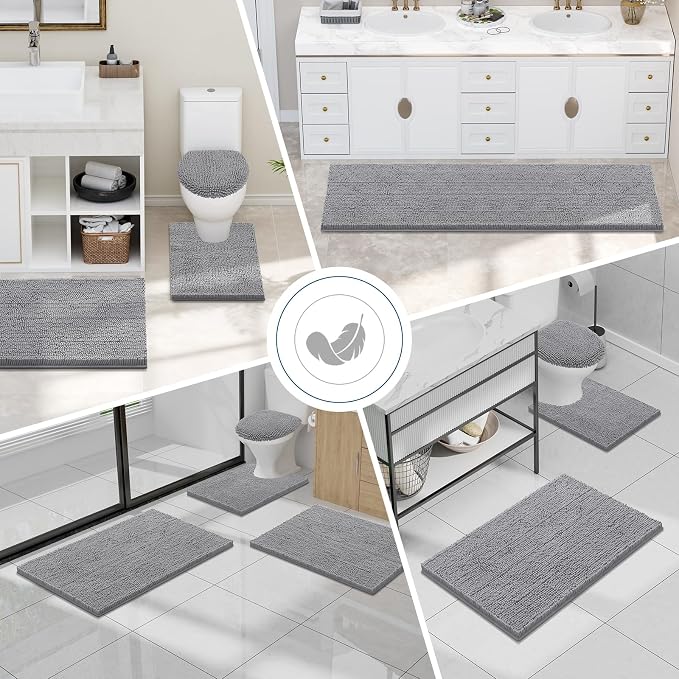 Smiry Luxury Chenille Bathroom Rugs 44x24, Extra Soft and Absorbent Shaggy Bath Mat, Machine Washable, Non-Slip Plush Carpet Runner for Tub, Shower, and Floor, Home Decor Accessories, Grey