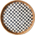 Round Rattan Tray with Mother of Pearl Inlay, Decorative Wicker Serving Tray with Wooden Base, Woven Basket Trays for Bread Fruits Coffee, Checkered