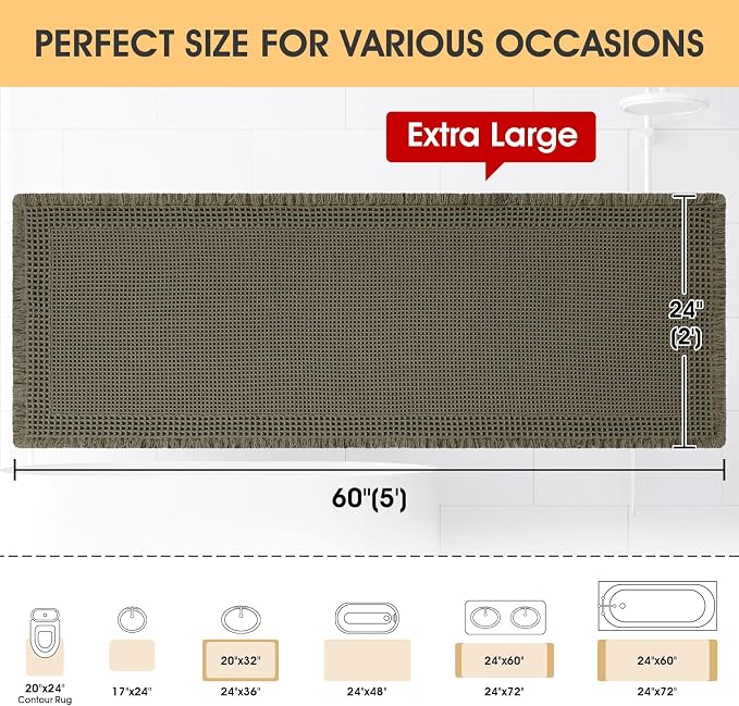 IM HOME Extra Large Waffle Bath Mat, 5'x2' Greyish Green, Boho Bathroom Rugs Absorbent Non Slip, Ultra Soft Bathroom Mat, Machine Washable Knit Bath Rugs with Border for Bathroom, Bedroom, Kitchen