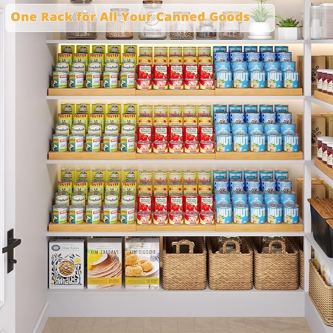 4-Tier Extra-Long Expandable Can Rack, Adjustable Bamboo Organizer for Pantry, Can Storage Holder for Pantry Shelf & Countertop, Large Capacity Holds 60 Cans (3.75oz), Patent Pending