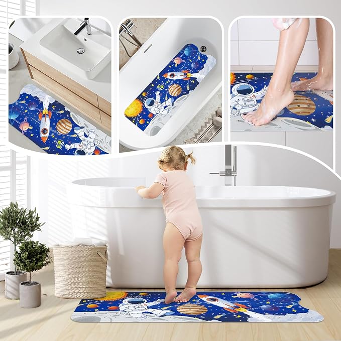 SHUCHING Blue Baby Bath Mat for Tub Non Slip-40 X 16Inch, Space Astronaut Bathtub Mat Anti Slip for Kids, Toddler Long Shower Mat for Bathroom Mold Free, Machine Washable