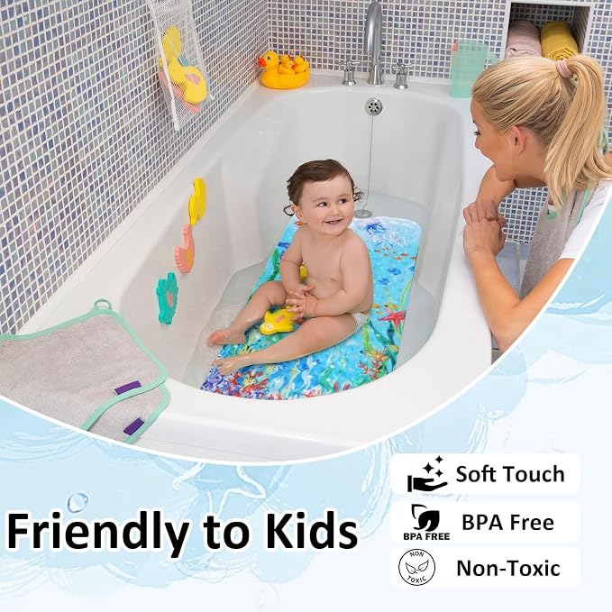 Topotdor Baby Bathtub Mat Non Slip for Kids, 40 X 16 Inch Cute Cartoon Bath Tub Shower Mat Anti Slip with Suction Cups & Drain Holes, Coral Fish