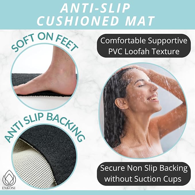 Soft Shower Mat Non Slip - PVC Loofah Inside or Outside Showers, Bathtubs, Bathrooms, and Wet Areas - Safe for Textured Tiled and Smooth Floor - No Suction Cups Secure Anti Slip (Black 24 x 47)