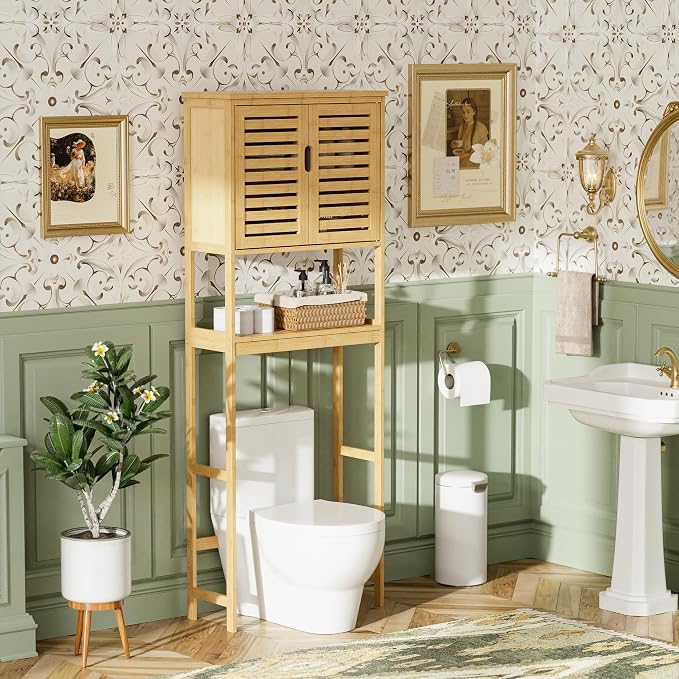 SMIBUY Bathroom Over The Toilet Storage Cabinet, 2 Door Bamboo Cabinet Organizer, Freestanding Space Saver Toilet Rack with Adjustable Inside Shelf and Open Shelf (Natural)