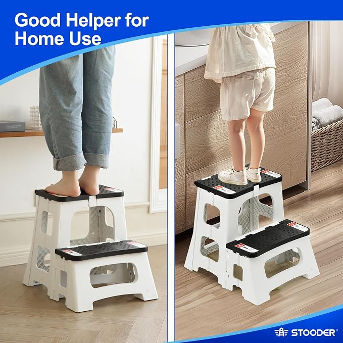 Folding Step Stool, 2-Step 8" 17", Non-Slip, 300lb Capacity | No Assembly, Stable A-Frame, Safety Lock, Anti-Slip Rubber Feet, Collapsible Stool for Kitchen Bathroom Bed RV Offic Garden