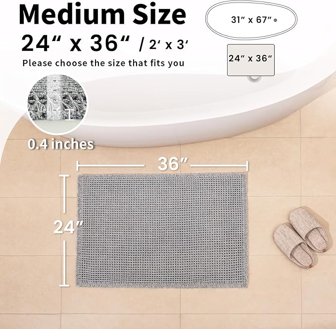 Waffle Bath Mat - Boho Bathroom Rugs Non Slip Washable, Super Absorbent & Quick Dry, Soft Bath Mat Farmhouse Bathroom Decor, 24'' x 36'', Light Grey