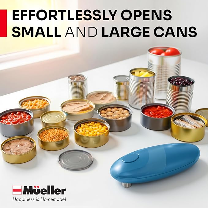 MUELLER HOME SmoothEdge Auto Electric Can Opener – Battery‑Operated One‑Touch w Magnet Lid Lifter, Smooth‑Edge Cut Technology – Portable Hands‑Free Automatic Can Opener for Seniors & Arthritis, Blue