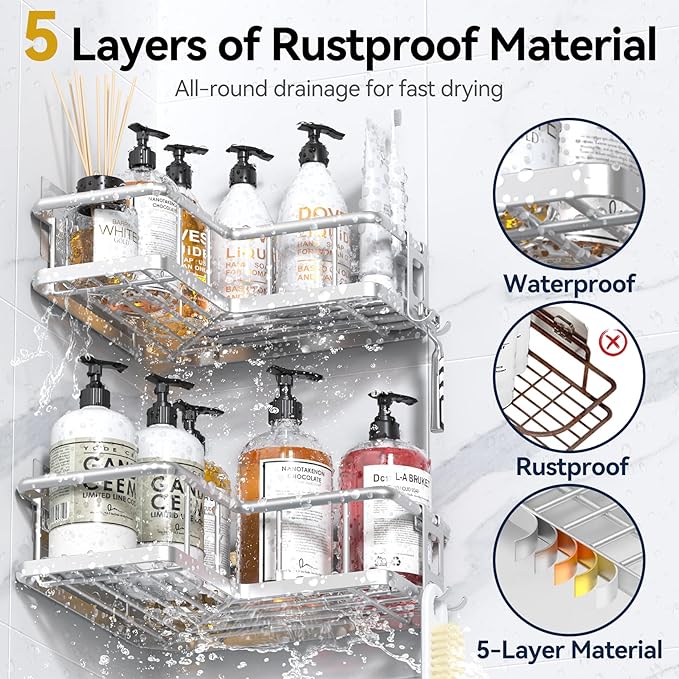 YASONIC Corner Shower Caddy Organizer, Self-Adhesive Rustproof Bath Shelves with Soap Holder & 4 Hooks, Large Capacity Shower Storage Rack for Bathroom Organization, (3Pack, Silver)