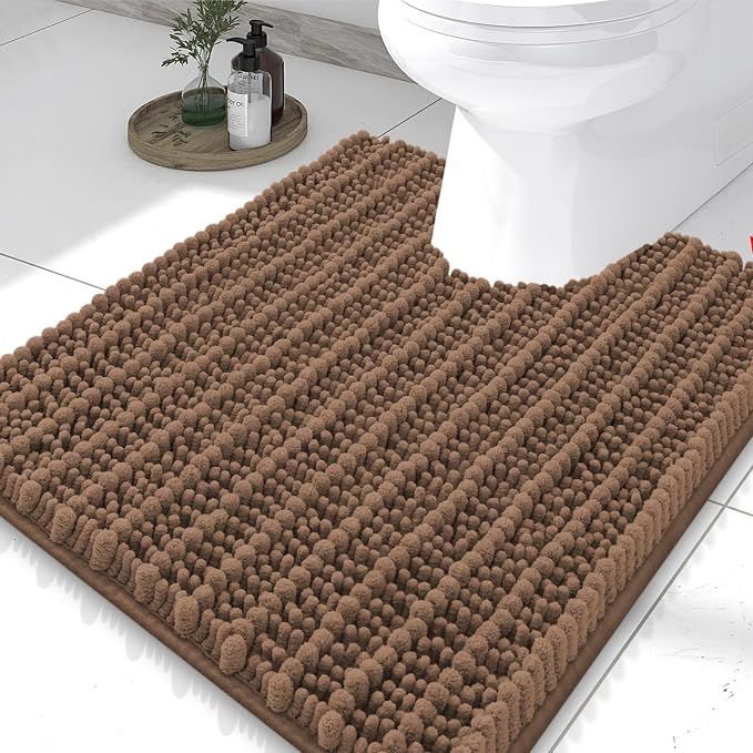 Smiry Bathroom Toilet Rugs U Shaped 24x20, Extra Soft Absorbent Non Slip Rubber Backing Chenille Contour Bath Rugs for Toilet, Machine Washable Contoured Bath Mats, Mocha