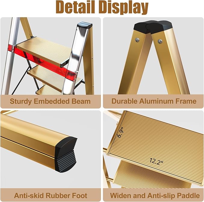 hismocal Foldable 3 Step Stool Ladder for Closet/Kitchen - Aluminium Gold Step Ladder, 330lbs Lightweight with Anti-Slip Wide Pedal, Portable for Kids/Adults