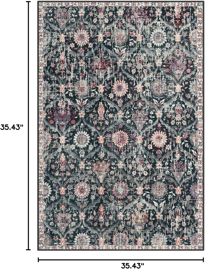 Lahome Moroccan Machine Washable Rugs for Living Room, 4x6 Rug for Bedroom Non-Slip Vintage Trellis Ultra-Thin Throw Carpet for Dining Room Office Nursery Elise, Black/Multi