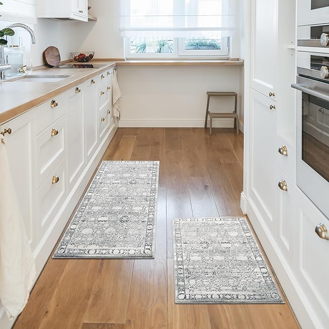 GRANNY SAYS Boho Kitchen Rug Sets of 2, Non Slip Washable Faux Wool Kitchen Mats for Floor, Thick Soft Anti-Fatigue Comfort Standing Mat Runner Rugs for Hallway Laundry Room, Grey