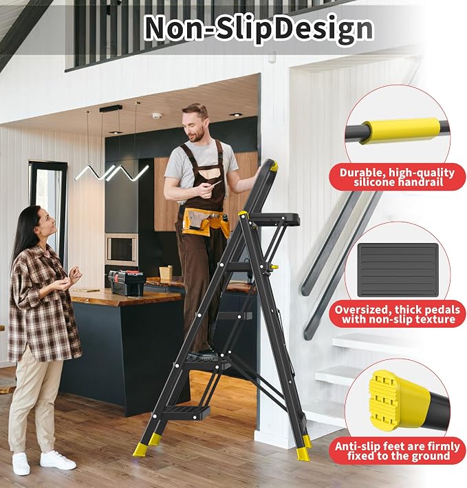 4 Step Foldable Step Ladder with Mutifunctional Tool Tray, Platform Ladders Stepstools, Step Stool 4 Step Folding with Non-Slip Pedals, 800lbs Bearing Capacity for Adults, Home, Kitchen, Black Yellow