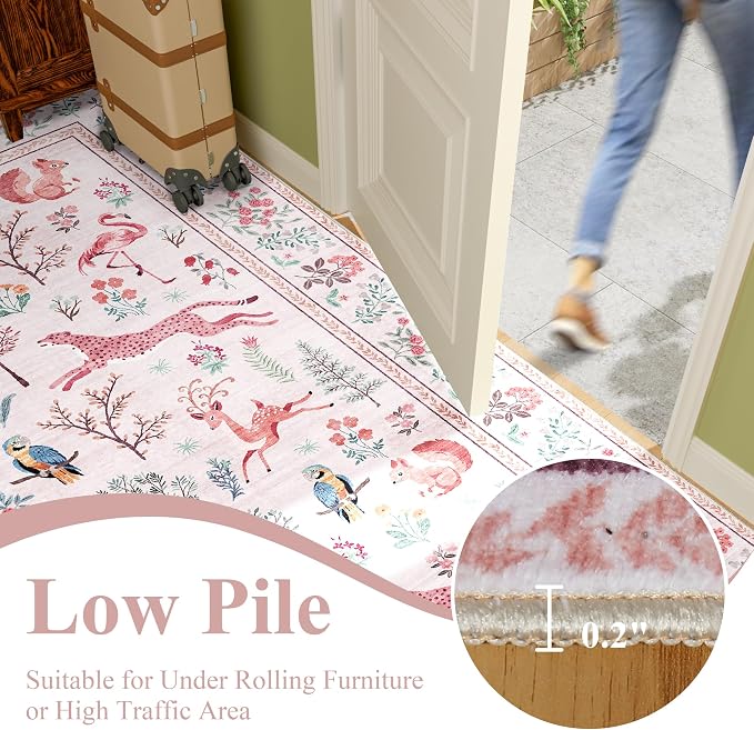 DUKINO 3x5 Rug, Washable Animal Area Rug with Non Slip Vintage Design, Indoor Soft Low Pile Carpet for Bedroom, Nursery, Dining Room, Farmhouse, Playroom, Pink