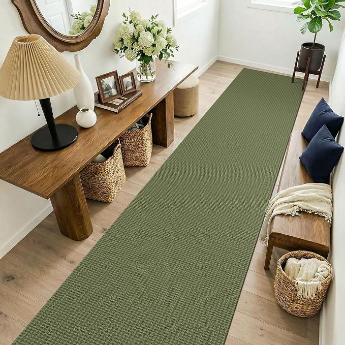 KOZYFLY Cotton 2.5'x14' Runners Rugs for Hallway, Long Washable Runner Rug, Woven Non Slip Kitchen Runner, Flatweave Entryway Rug, Floor Carpet for Entry, Aisle, Hall, Olive Green/Earthy Green