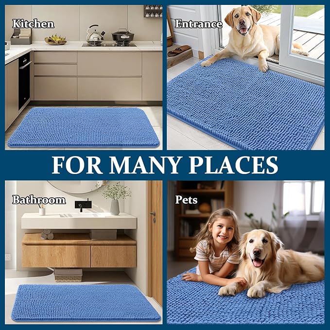 OLANLY Dog Door Mat for Muddy Paws 70x46, Absorbs Moisture and Dirt, Absorbent Non-Slip Washable Doormat, Quick Dry Chenille Mud Mat, Entry Indoor Entryway Carpet for Inside Floor, Cornflower Blue