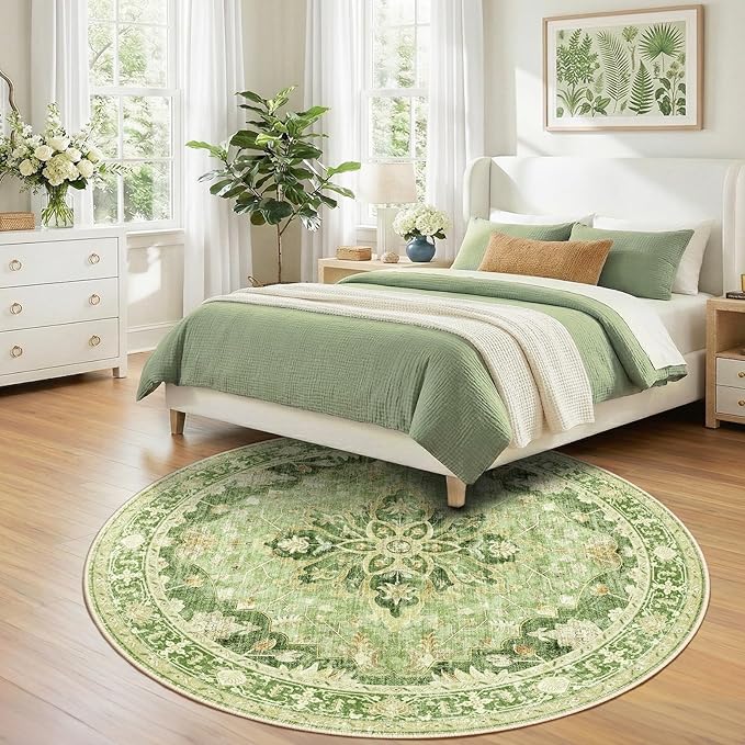 RELEANY Area Rugs Round 7ft Washable Non-Slip, Floral Vintage Distress Medallion Carpet for Living Room Bedroom Dining Room, Sage Green Yellow