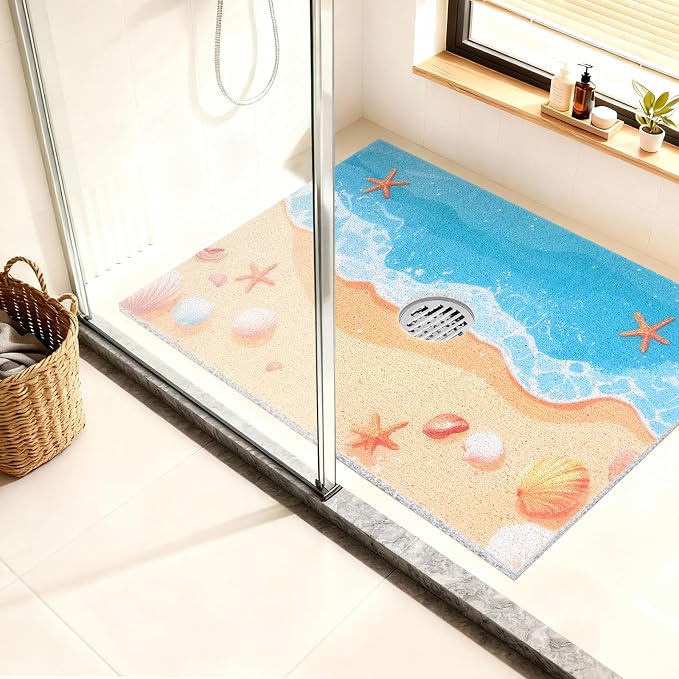 Non Slip Shower Mat: 32x24 Inch Extra Large Shower Mats for Inside Shower with Drain Hole in Middle - Soft PVC Loofah Anti Slip Shower Floor Mat for Standing and Walk-in Shower, Quick Drying