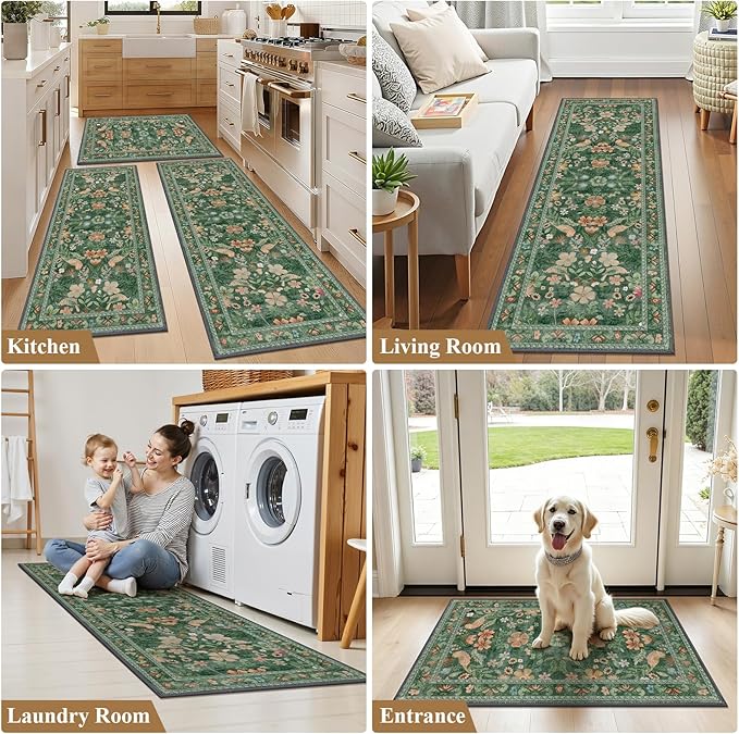 HEBE Boho Kitchen Rugs Sets of 3, Non Slip Washable Kitchen Mats for Floor, Farmhouse Kitchen Carpet Runner Rug Set for Sink, Stove, Laundry Room & Hallway