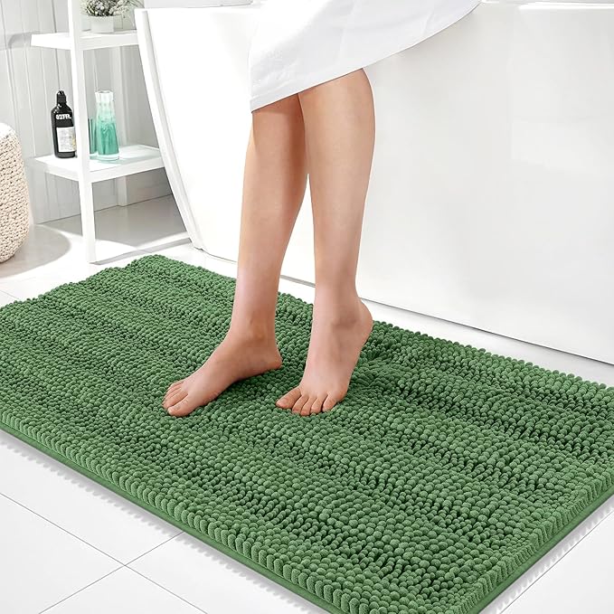OLANLY Thick Bathroom Runner Rugs 44x24, Extra Absorbent Chenille Striped Bath Rugs, Rubber Backing, Machine Wash Dry, Long Bath Mats for Bathroom, Tub and Shower, Home Decor Accessories, Olive Green