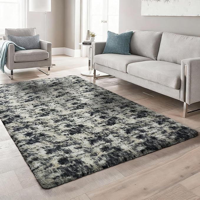 Ophanie Black Gold and Grey Area Rugs for Living Room 5x7, Dark Black Gold Fluffy Shag Large Fuzzy Plush Soft Carpets, Floor Shaggy Rugs for Bedroom, Carpet for Boys Dorm Nursery Home Decor Aesthetic