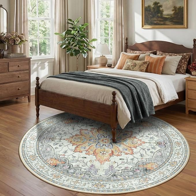 RELEANY Area Rugs Round 8ft Washable Non-Slip, Floral Vintage Distress Medallion Carpet for Living Room Bedroom Dining Room, Beige Carbon Grey Orange